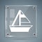 White Yacht sailboat or sailing ship icon isolated on grey background. Sail boat marine cruise travel. Square glass