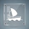 White Yacht sailboat or sailing ship icon isolated on grey background. Sail boat marine cruise travel. Square glass