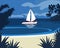 White yacht on the sea, beach and tropical trees, seascape. Vacation and travel illustration