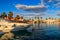 White yachts in sea harbor of Hurghada, Egypt. Port with tourist boats on the Red Sea