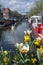 White and yellow flowers on the canal in Amsterdam with boats, buildings and blue water as background