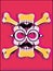 White and yellow funny skull with mustache and glasses and pink background