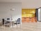 White and yellow kitchen interior with bar and table