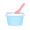White yogurt in blue plastic container and pink spoon. Healthy dairy product Isolated on white background.