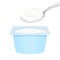 White yogurt in plastic container and in  spoon isolated on white background. Vector illustration of dairy product