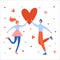 White young man and woman holding huge heart small hearts around good for design postcard, posters and giftpaper to