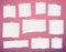 Whitel ripped blank note, notebook paper strips for text or message stuck with sticky tape on violet background