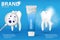 Whitening toothpaste ad. Realistic clean and dirty tooth on blue background, clearing tooth process with aroma of mint