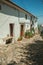 Whitewashed houses and flowered pots in a cobblestone alley