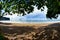 The whole bay of Ao Nang seen from a shady spot on the beach, Thailand