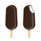 Whole and bitten ice cream Eskimo vector illustration. Popsicles covered with chocolate with wooden stick isolated on