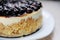 Whole blueberry cheesecake on a white plate side view