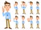 The whole body of a man with an employee ID card and a light blue shirt, 9 types of gestures and facial expressions