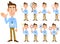 The whole body of a man with an employee ID card and a light blue shirt, 9 types of gestures and facial expressions