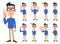 Whole body of a man wearing glasses and a blue shirt 9 types of gestures and facial expressions