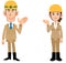 Whole body of man and woman wearing helmets wearing beige work clothes guided by hand