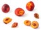 Whole, broken, nibbled nectarines and seeds isolated on a white background. Fruit background