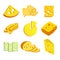 Whole cheese blocks and slices assortment doodle food icons set vecto