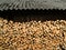 Whole and chopped firewood under overhang near a woodshed stacked for drying