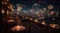 Whole city celebrating the New Year or a national event with lively fireworks on the night sky. Generative AI