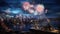 Whole city celebrating the New Year or a national event with lively fireworks on the night sky. Generative AI