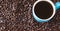 Whole coffee beans background with blue filled coffee cup