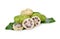Whole and cut noni fruit on leaf and white background