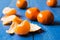 Whole, cutted and pilled mandarins on a blue painted wooden background