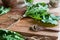 Whole dandelion plant with root on a wooden cutting board