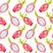 Whole dragon fruit and cut slice, seamless pattern design on white background