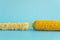 Whole and empty corn cob. Maize. Zea mays. Two boiled corncobs. One with delicious yellow-golden sweetcorn grains and