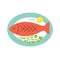 Whole fish on oval plate grilled or fried with fresh herbs and lemon. Vector flat illustration isolated on white.