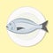 Whole fish with salad healthy diet meal on plate. Seafood vector illustration. Simple flat stock image. River fish on table