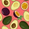 Whole fresh avocado and half and passion fruit seamless pattern. Exotic meal background