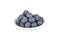 Whole fresh blueberries in small bowl on white background