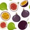 Whole fresh figs and half and passion fruit seamless pattern. Exotic meal background