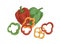 Whole fruits and ring slices of sweet bell peppers of red, green and yellow colors. Fresh organic vegetables. Colorful