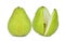 Whole of green packham pear with slices isolated on white