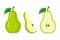 Whole green pear, half pear and slice vector illustration isola