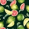 Whole guava and slices, leaves watercolor seamless pattern isolated on black. Tropical fruit, pink, yellow pulp guajava