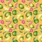 Whole guava and slices, leaves watercolor seamless pattern isolated on orange. Tropical fruit, pink, yellow pulp guajava