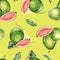 Whole guava and slices, leaves watercolor seamless pattern isolated on yellow. Tropical fruit, pink, yellow pulp guajava