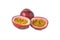 Whole and half cut passion fruits on white