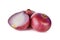 Whole and half cut red onion, shallots on white background