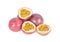 Whole and half cut ripe passion fruit on white background