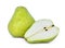 Whole and half of green packham pear on white backgrou