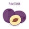 Whole and half of ripe purple plum sticker. Fruit label.