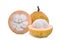 Whole and half santol tropical fruit on white