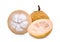 Whole and half santol tropical fruit on white