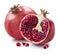 Whole, half and seeds of pomegranate on white backgroun